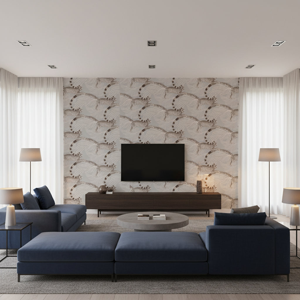 Delilah Moonstone | Romo - Living Room Visualization (AI-generated, may not be to scale. Verify pattern scale with product specifications.)