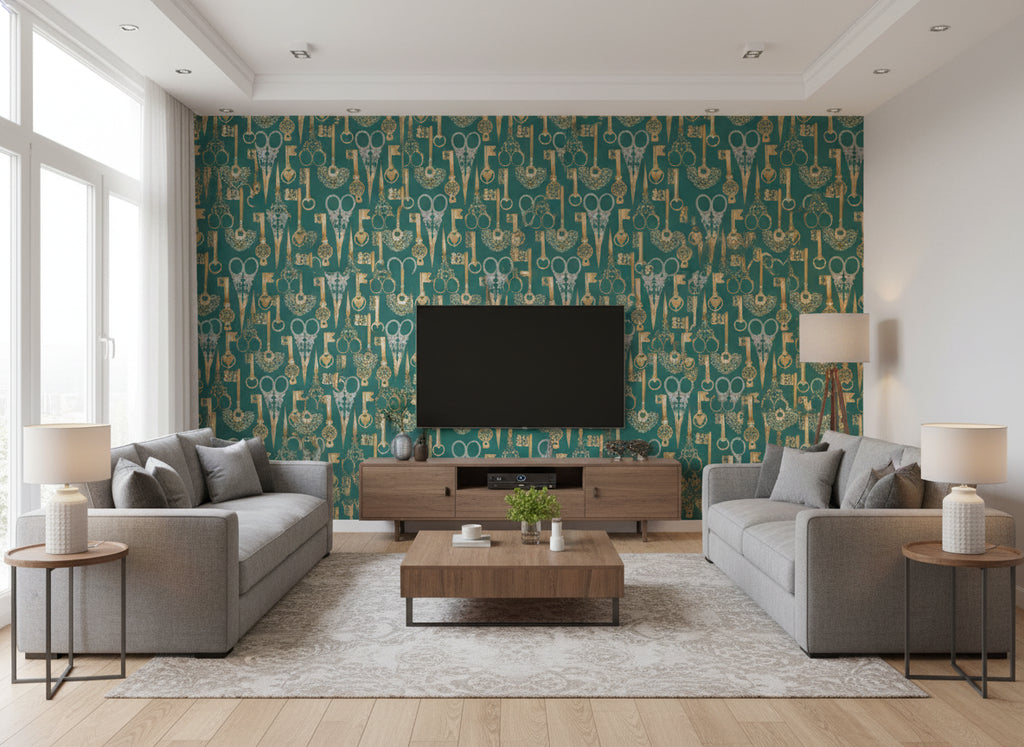 Roxanne Jade | Romo - Living Room Visualization (AI-generated, may not be to scale. Verify pattern scale with product specifications.)