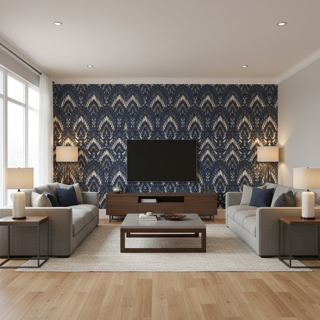 Lolana Cobalt | Romo - Living Room Visualization (AI-generated, may not be to scale. Verify pattern scale with product specifications.)