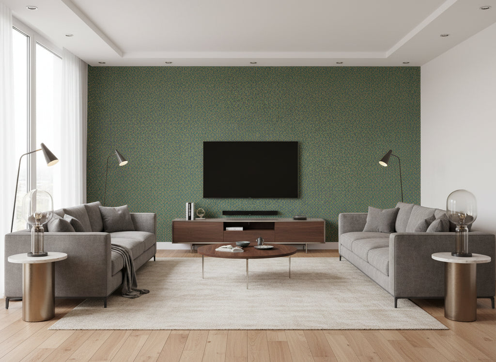 Kitty teal | Romo - Living Room Visualization (AI-generated, may not be to scale. Verify pattern scale with product specifications.)