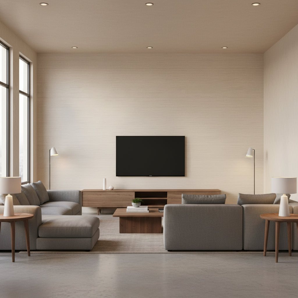 Esai Seagrass Embossed Chalk | Romo - Living Room Visualization (AI-generated, may not be to scale. Verify pattern scale with product specifications.)