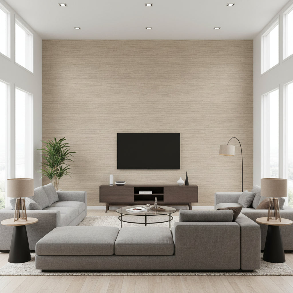 Esai Seagrass Embossed Mushroom | Romo - Living Room Visualization (AI-generated, may not be to scale. Verify pattern scale with product specifications.)