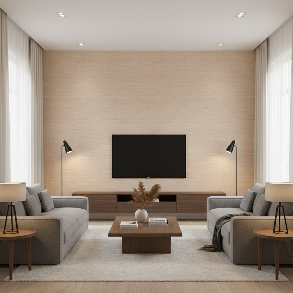 Ciro Abaca Embossed Doeskin | Romo - Living Room Visualization (AI-generated, may not be to scale. Verify pattern scale with product specifications.)