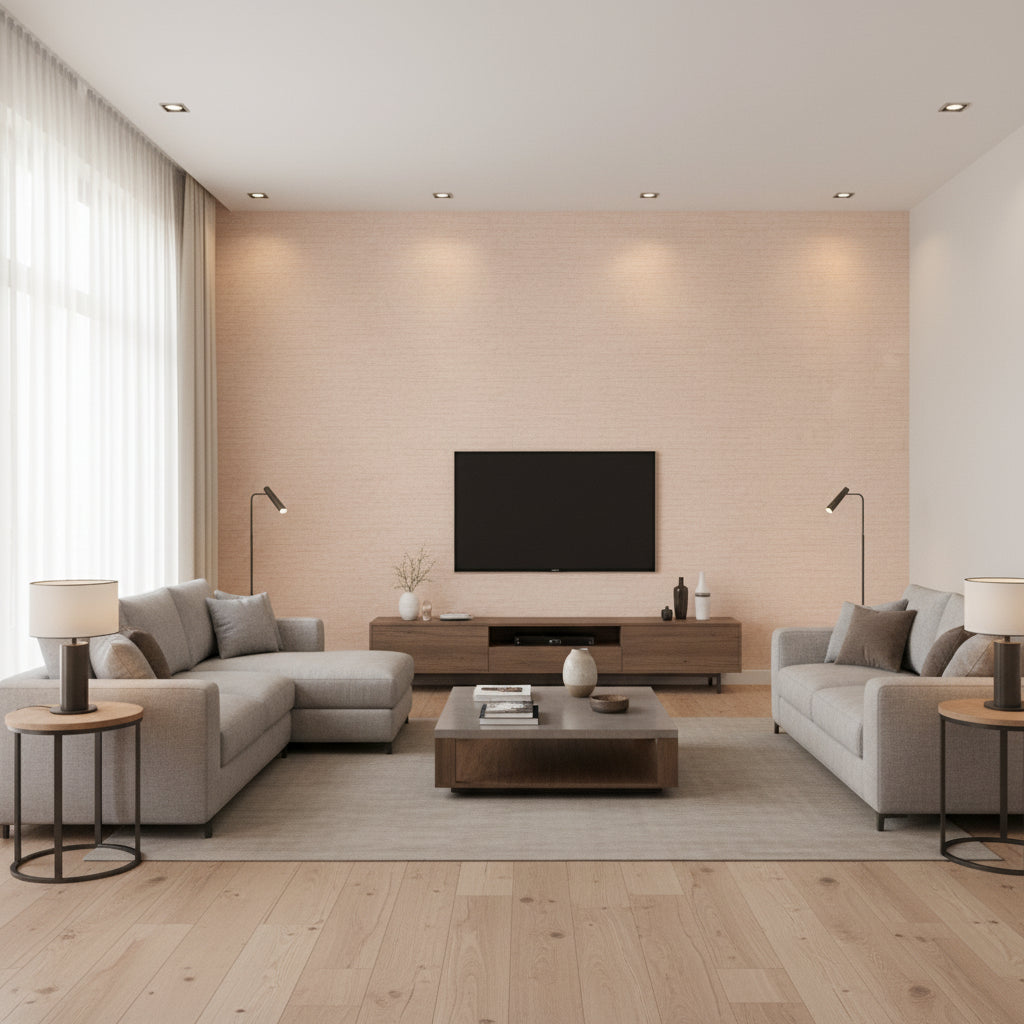 Ciro Abaca Embossed Wild Rose | Romo - Living Room Visualization (AI-generated, may not be to scale. Verify pattern scale with product specifications.)