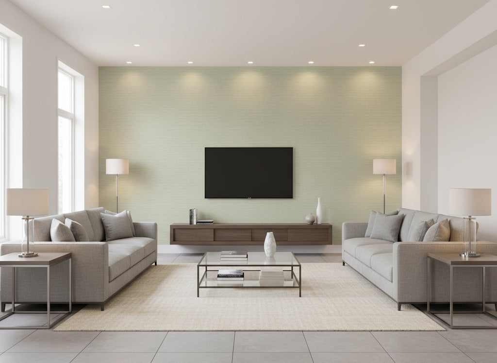 Ciro Abaca Embossed Verdigris | Romo - Living Room Visualization (AI-generated, may not be to scale. Verify pattern scale with product specifications.)