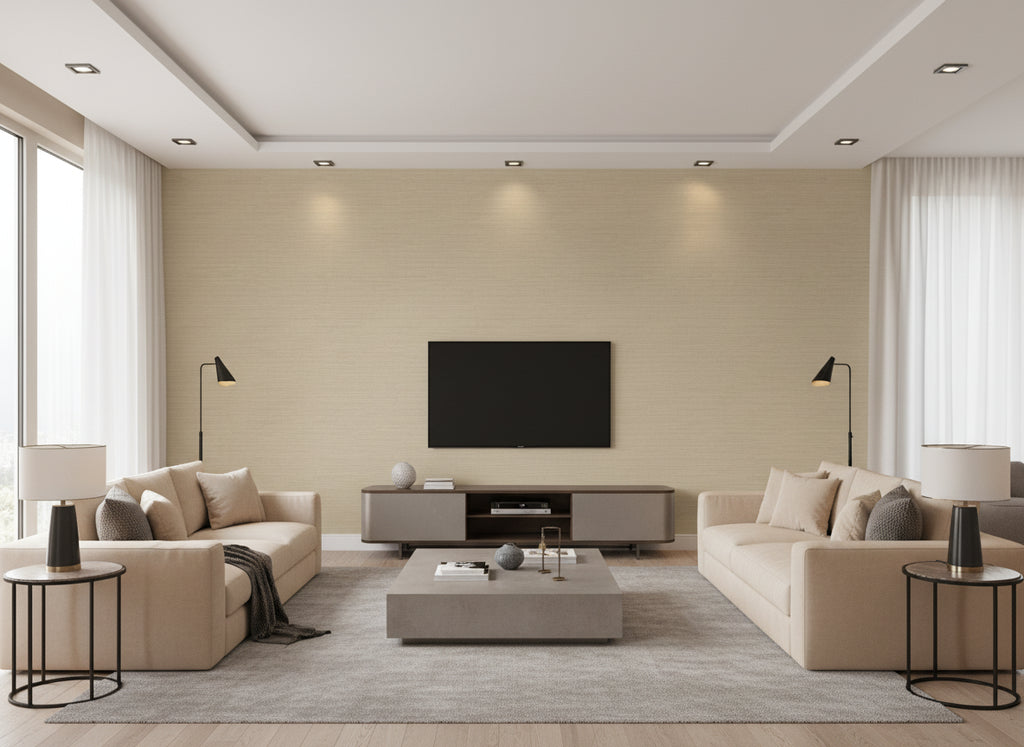 Ciro Abaca Embossed Caper | Romo - Living Room Visualization (AI-generated, may not be to scale. Verify pattern scale with product specifications.)