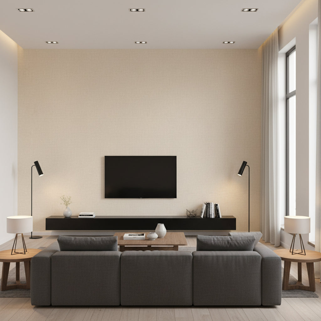 Neo Linen Embossed Soapstone | Romo - Living Room Visualization (AI-generated, may not be to scale. Verify pattern scale with product specifications.)