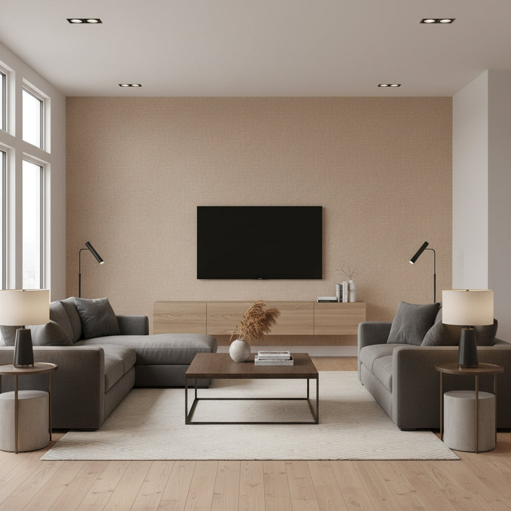 Neo Linen Embossed Doeskin | Romo - Living Room Visualization (AI-generated, may not be to scale. Verify pattern scale with product specifications.)