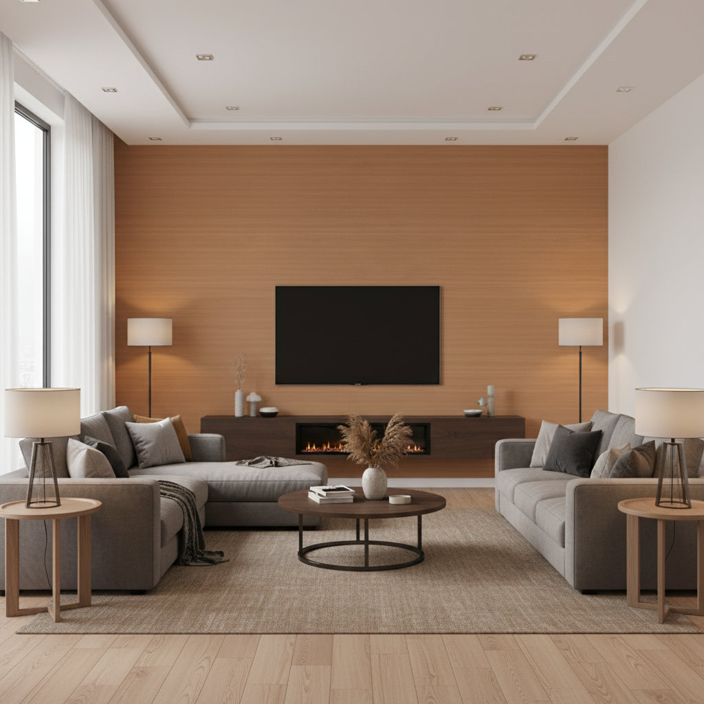 Raya Silk Embossed Spice | Romo - Living Room Visualization (AI-generated, may not be to scale. Verify pattern scale with product specifications.)