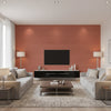 Raya Silk Embossed Auburn | Romo - Living Room Visualization (AI-generated, may not be to scale. Verify pattern scale with product specifications.)