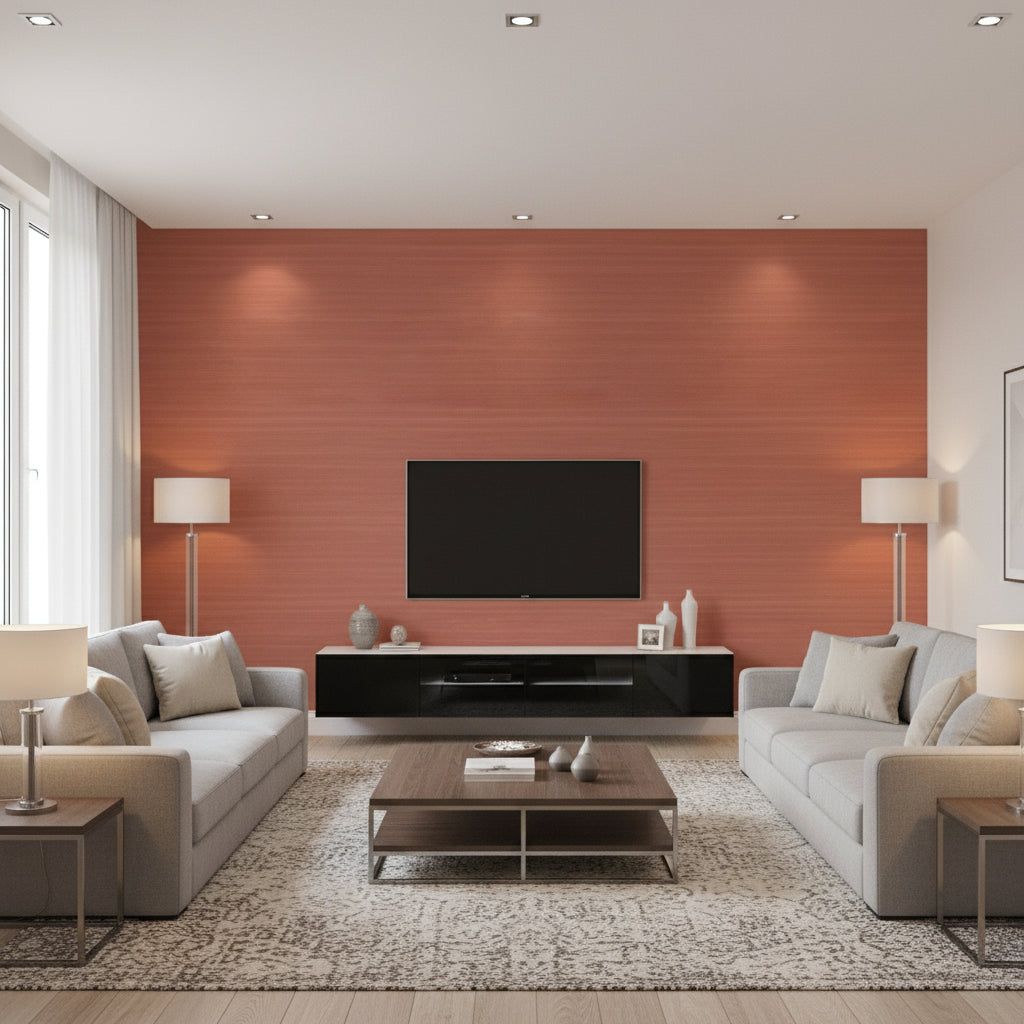 Raya Silk Embossed Auburn | Romo - Living Room Visualization (AI-generated, may not be to scale. Verify pattern scale with product specifications.)
