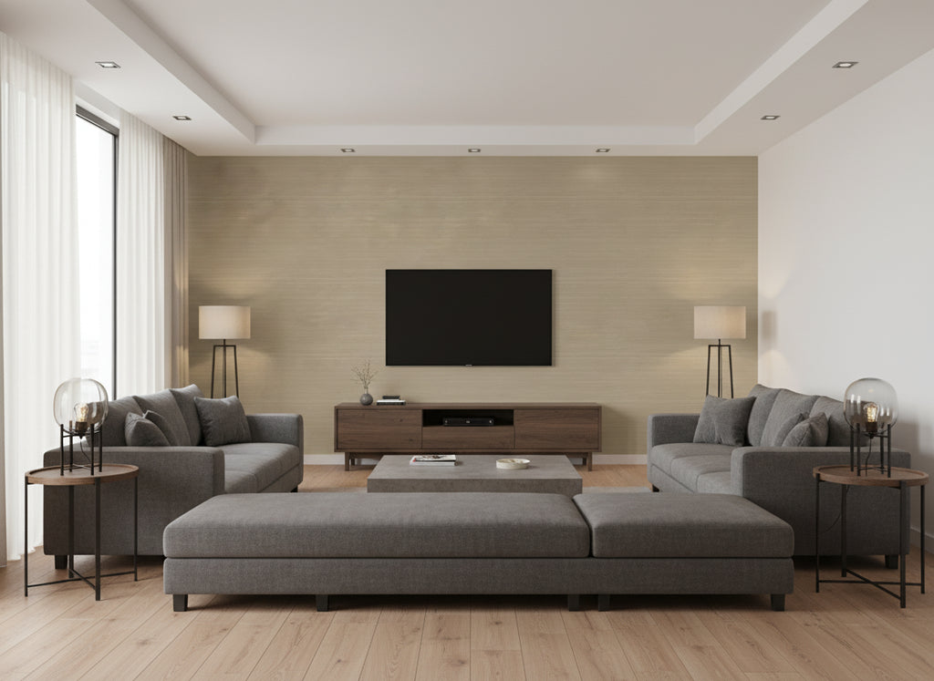 Raya Silk Embossed Caper | Romo - Living Room Visualization (AI-generated, may not be to scale. Verify pattern scale with product specifications.)
