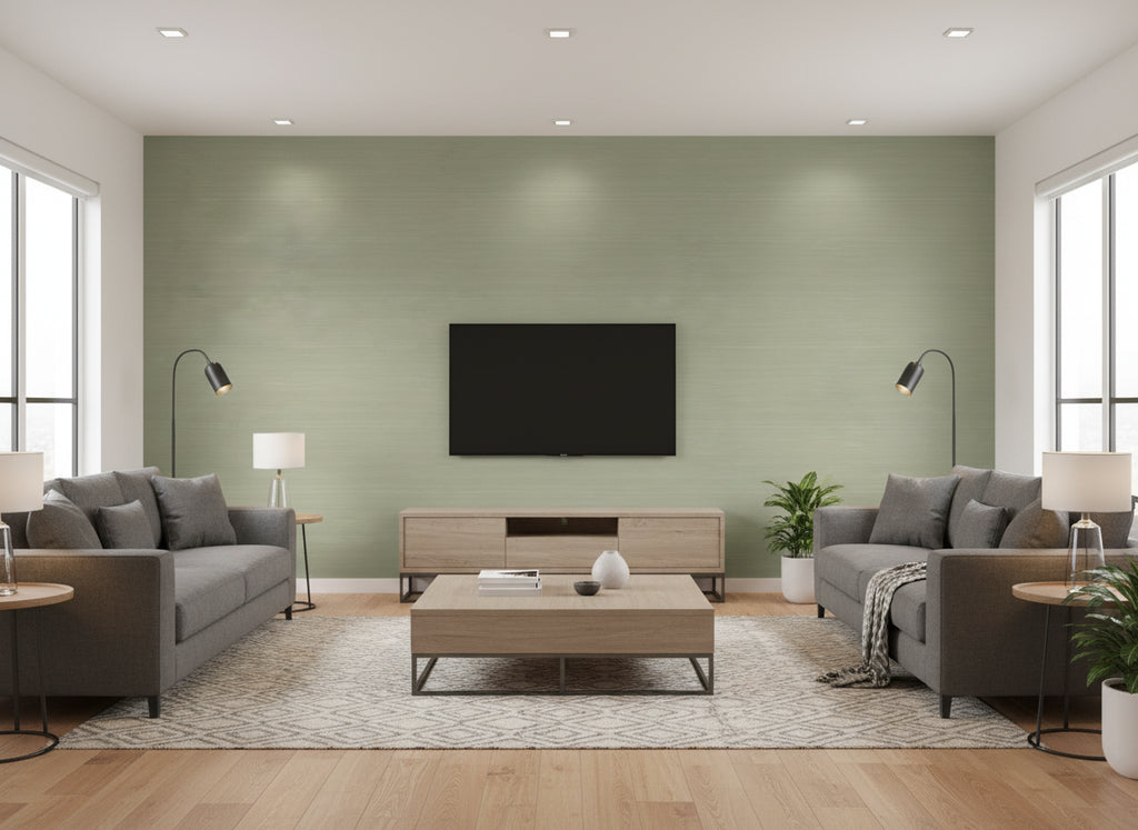 Raya Silk Embossed Fern | Romo - Living Room Visualization (AI-generated, may not be to scale. Verify pattern scale with product specifications.)