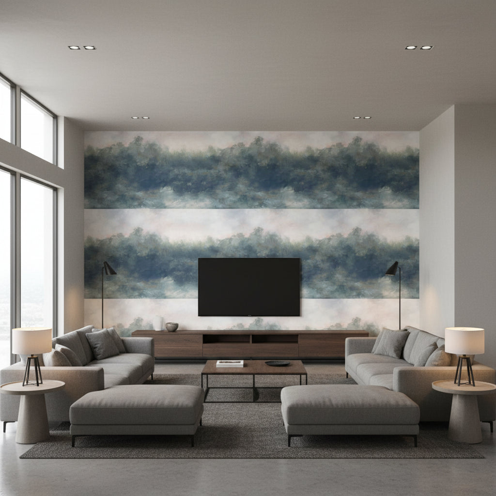 Cielo Mural Tempest | Romo - Living Room Visualization (AI-generated, may not be to scale. Verify pattern scale with product specifications.)