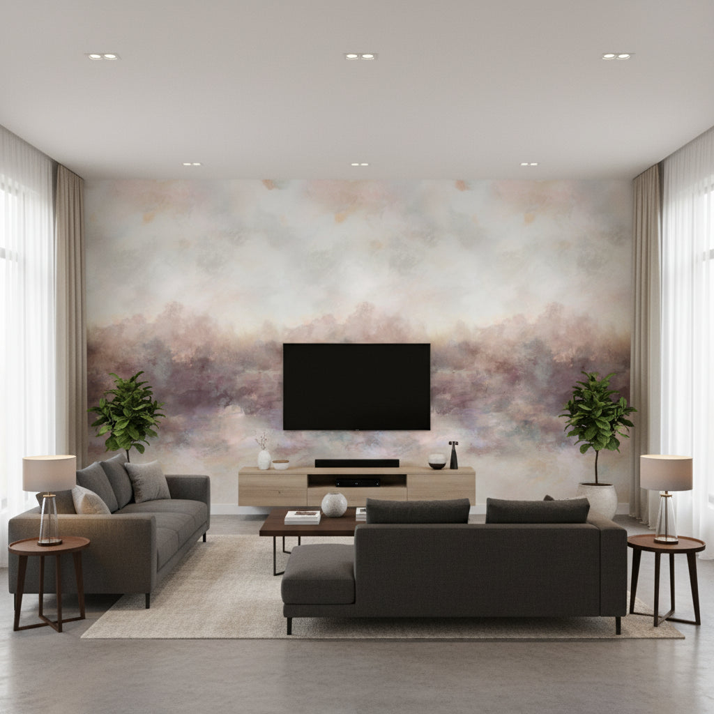 Cielo Mural Heather | Romo - Living Room Visualization (AI-generated, may not be to scale. Verify pattern scale with product specifications.)
