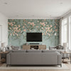 Ottavia Mural Coral | Romo - Living Room Visualization (AI-generated, may not be to scale. Verify pattern scale with product specifications.)