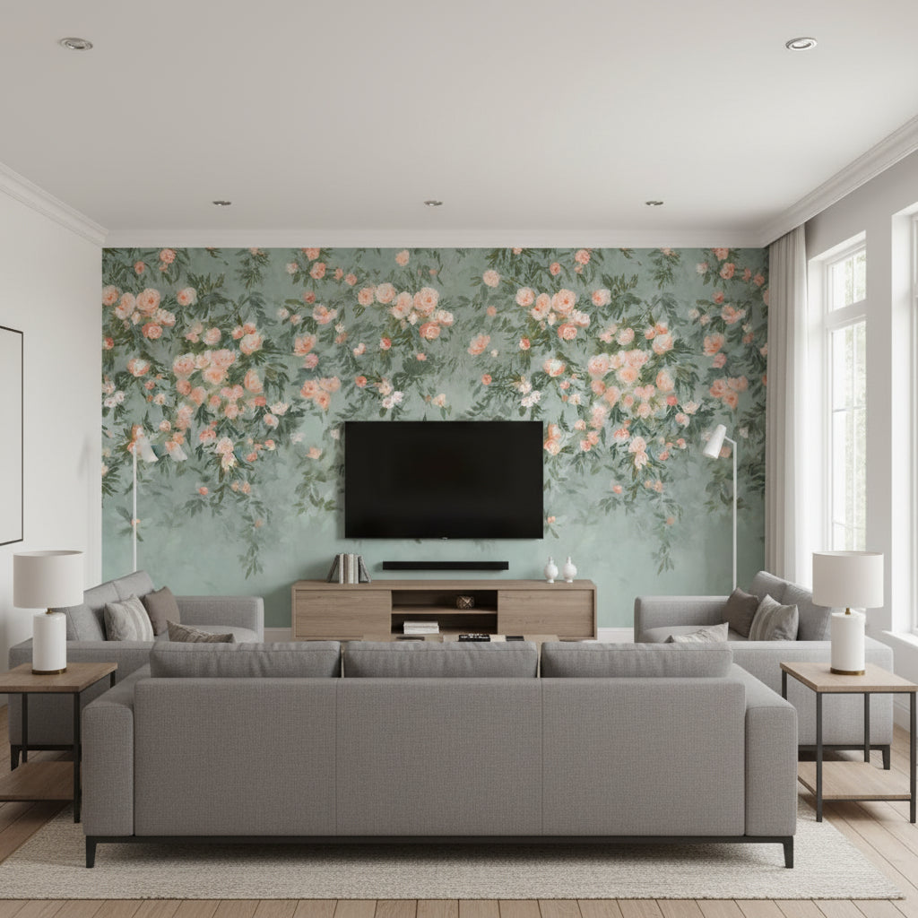 Ottavia Mural Coral | Romo - Living Room Visualization (AI-generated, may not be to scale. Verify pattern scale with product specifications.)