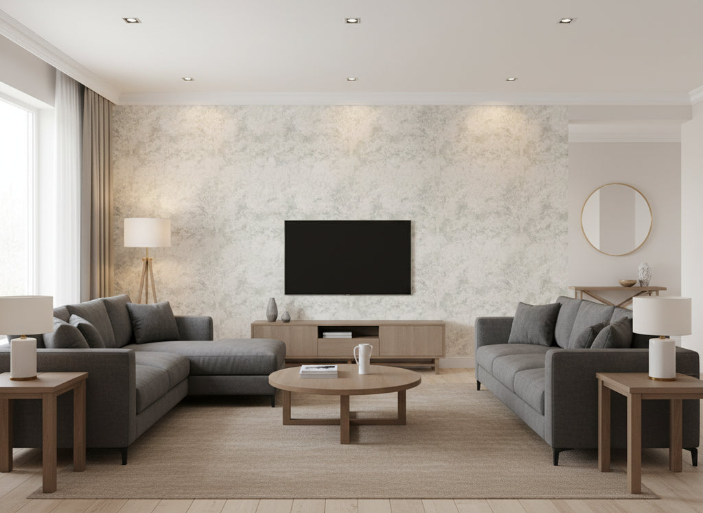 Sikora Lovat | Romo - Living Room Visualization (AI-generated, may not be to scale. Verify pattern scale with product specifications.)