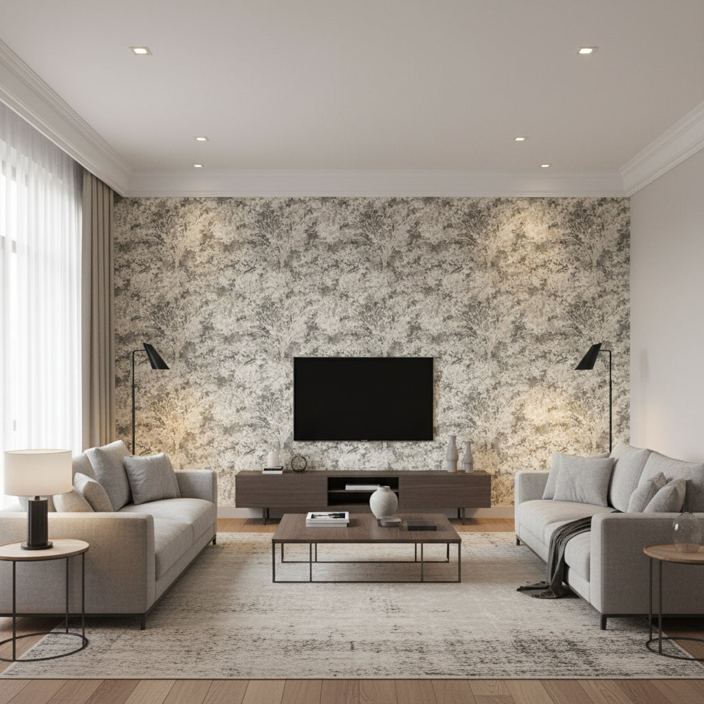 Sikora Charcoal | Romo - Living Room Visualization (AI-generated, may not be to scale. Verify pattern scale with product specifications.)