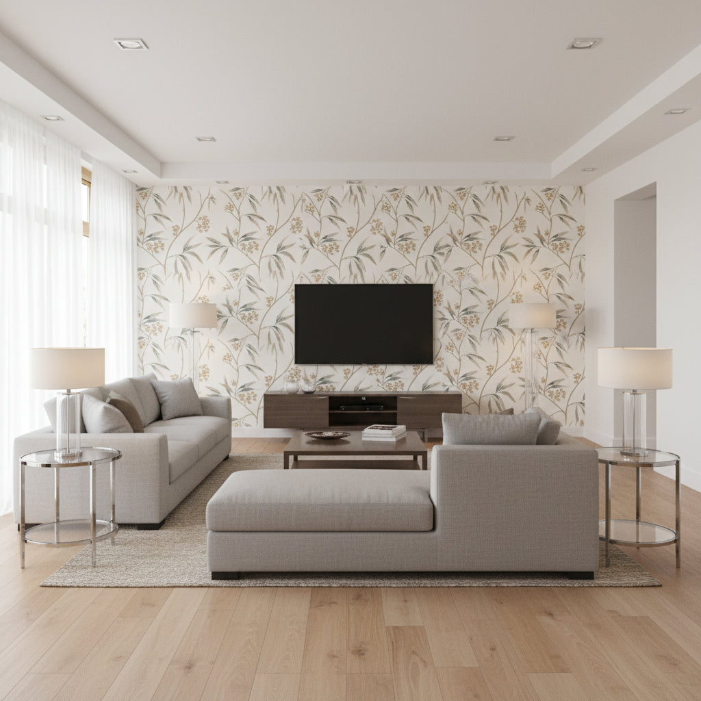 Mima Tamarind | Romo - Living Room Visualization (AI-generated, may not be to scale. Verify pattern scale with product specifications.)