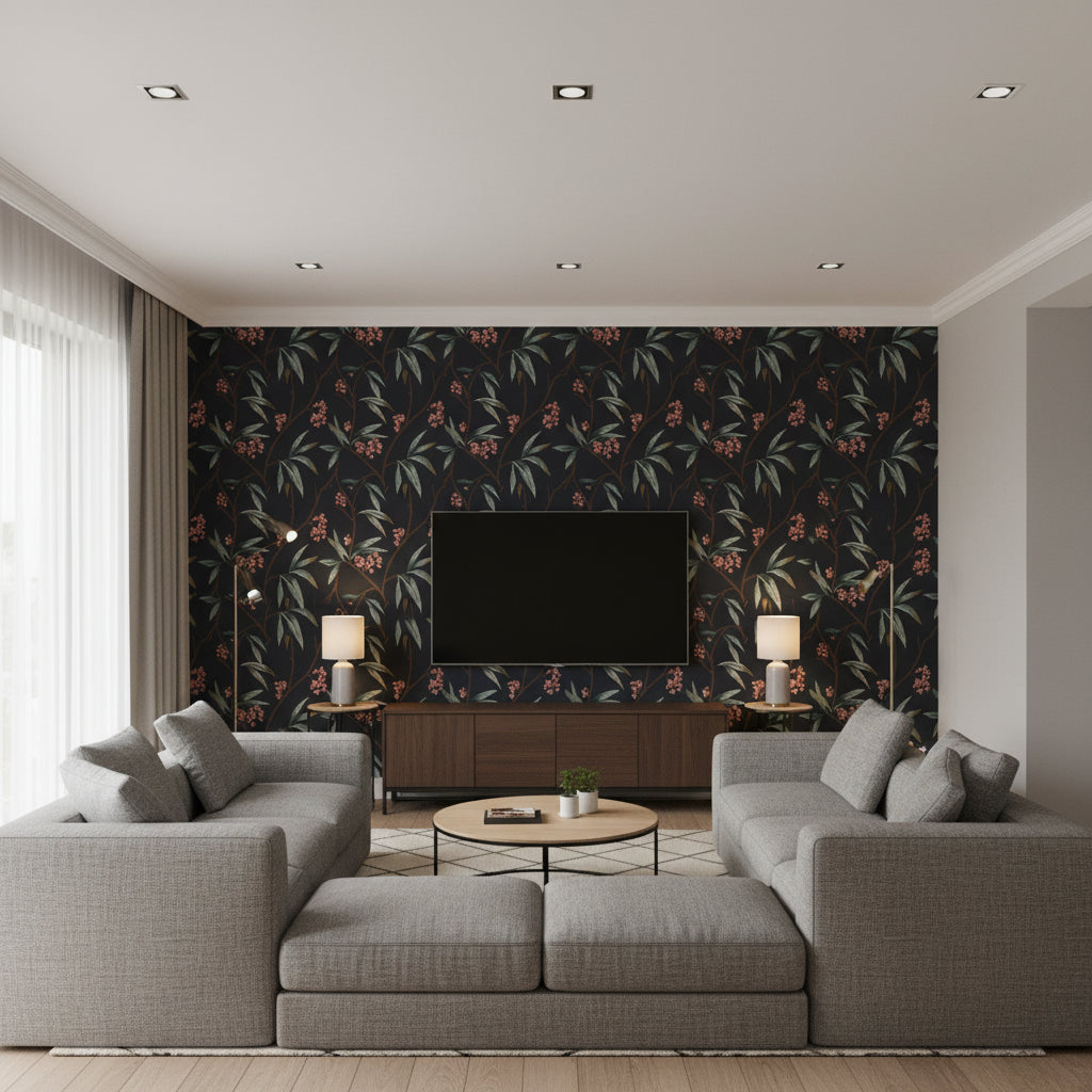 Mima Twilight | Romo - Living Room Visualization (AI-generated, may not be to scale. Verify pattern scale with product specifications.)