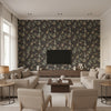 Mima Ebony | Romo - Living Room Visualization (AI-generated, may not be to scale. Verify pattern scale with product specifications.)