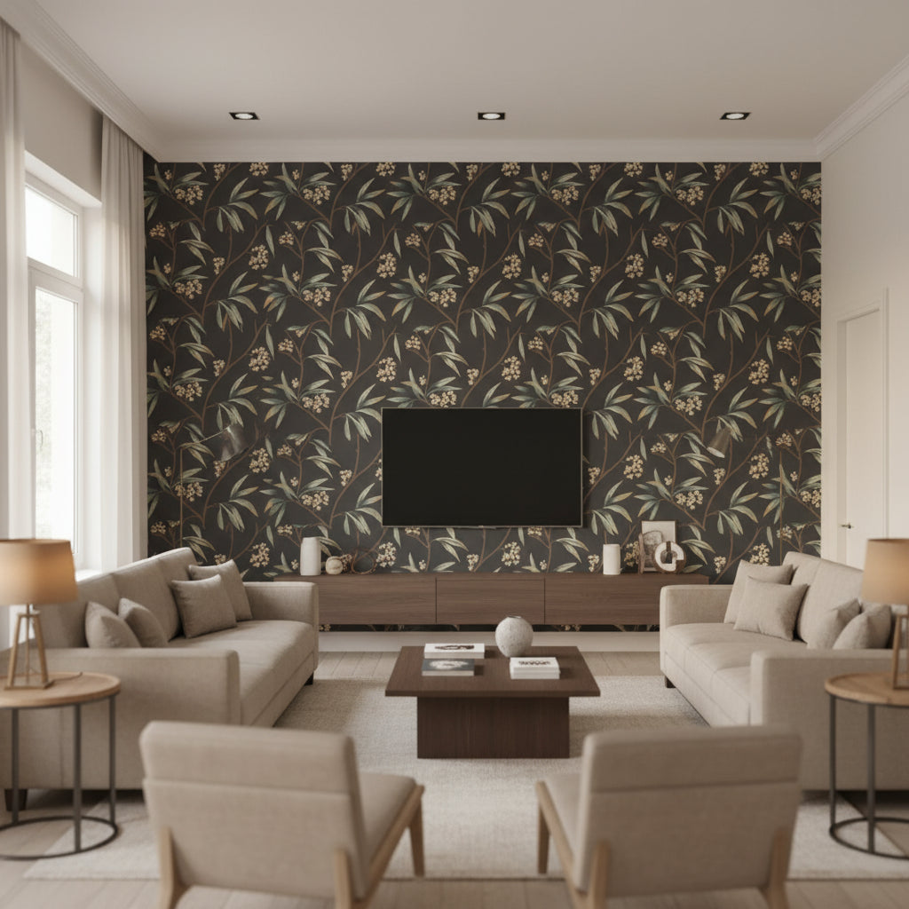 Mima Ebony | Romo - Living Room Visualization (AI-generated, may not be to scale. Verify pattern scale with product specifications.)