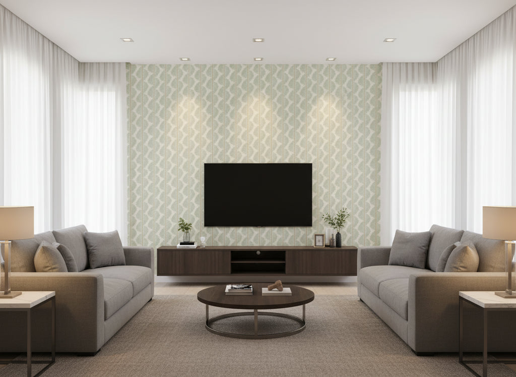 Aubin Mineral | Romo - Living Room Visualization (AI-generated, may not be to scale. Verify pattern scale with product specifications.)