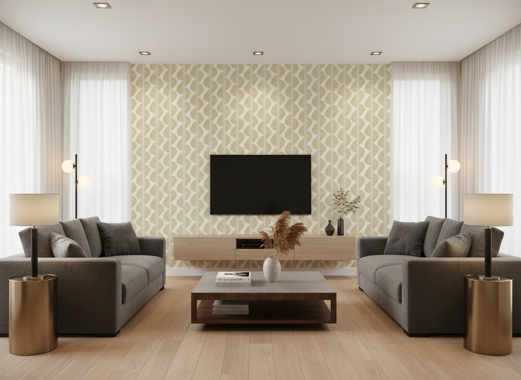 Aubin Caper | Romo - Living Room Visualization (AI-generated, may not be to scale. Verify pattern scale with product specifications.)