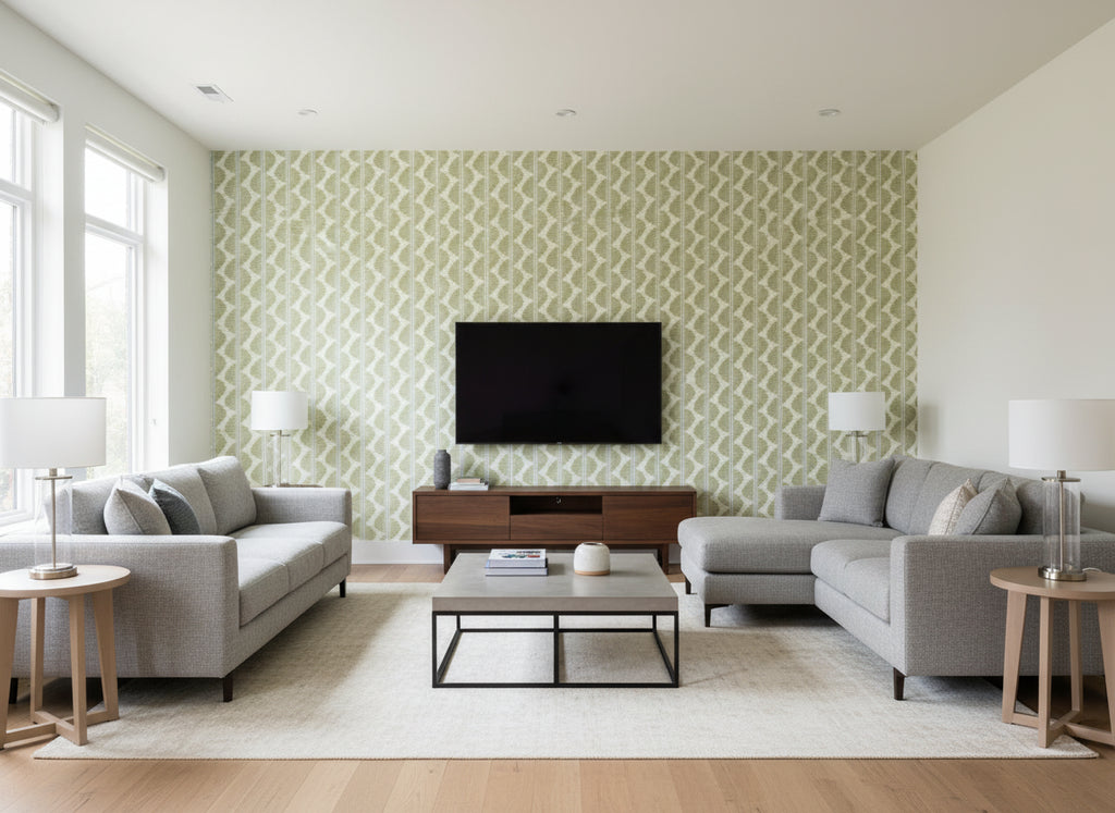 Aubin Aloe | Romo - Living Room Visualization (AI-generated, may not be to scale. Verify pattern scale with product specifications.)