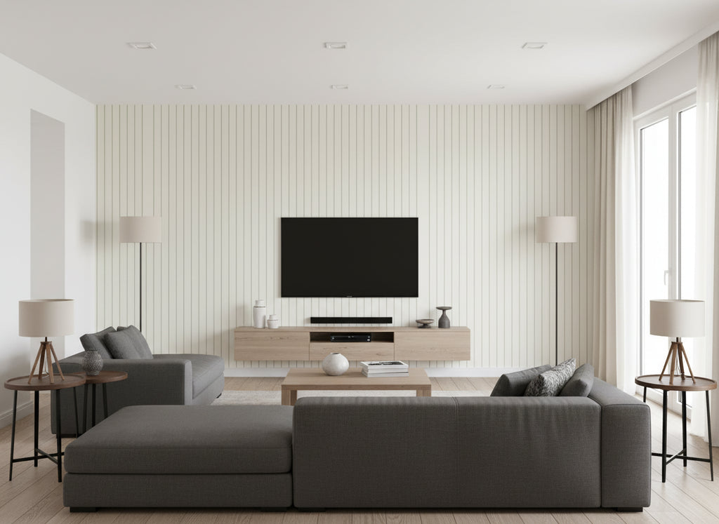 Alma ivory | Romo - Living Room Visualization (AI-generated, may not be to scale. Verify pattern scale with product specifications.)