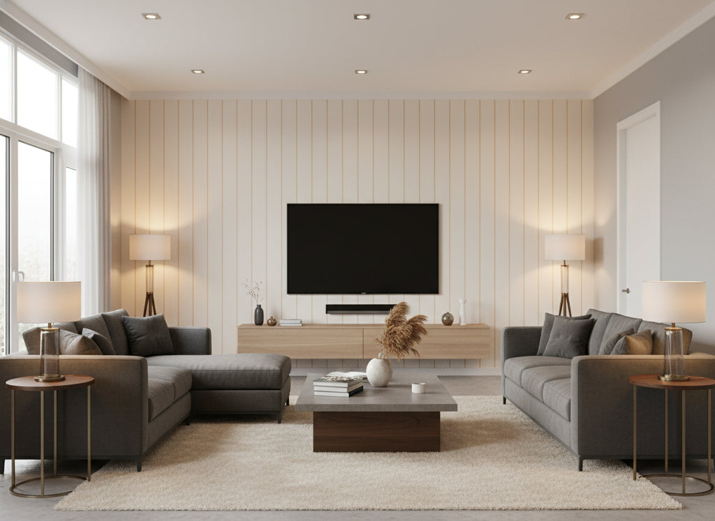 Alma Eau de ivory | Romo - Living Room Visualization (AI-generated, may not be to scale. Verify pattern scale with product specifications.)