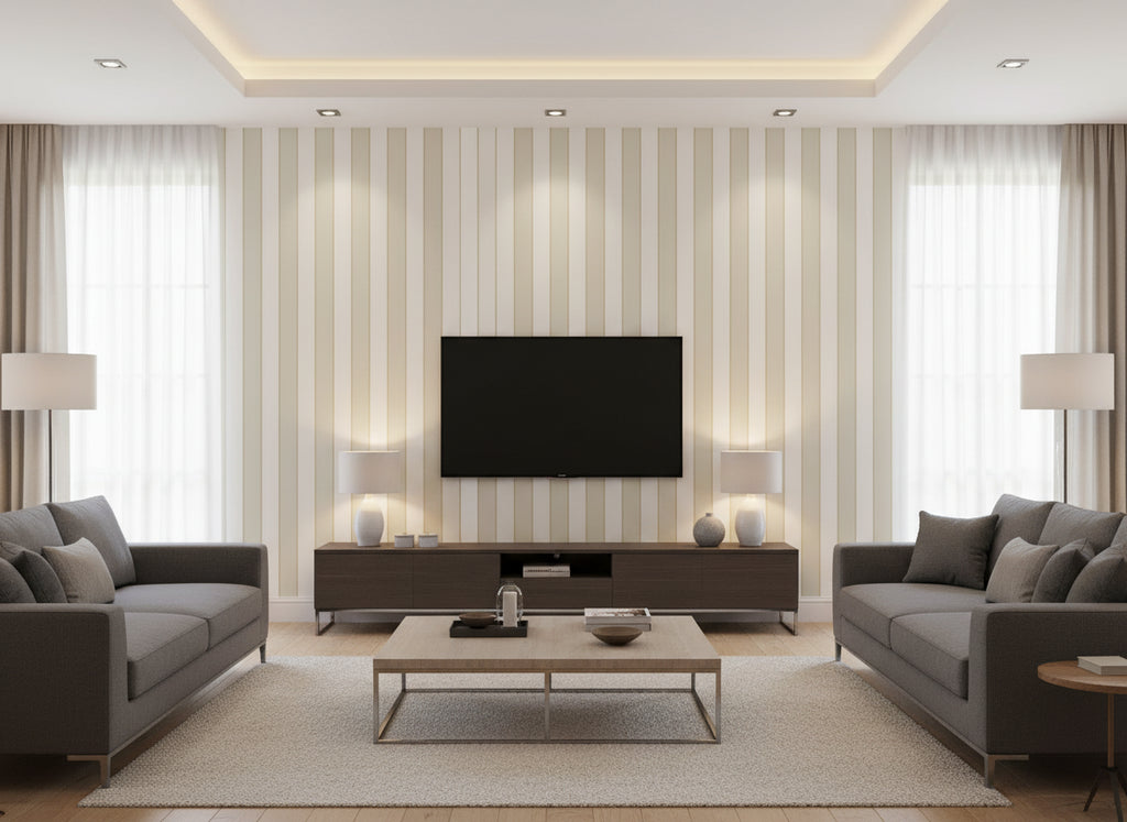 Orsin Moonstone | Romo - Living Room Visualization (AI-generated, may not be to scale. Verify pattern scale with product specifications.)
