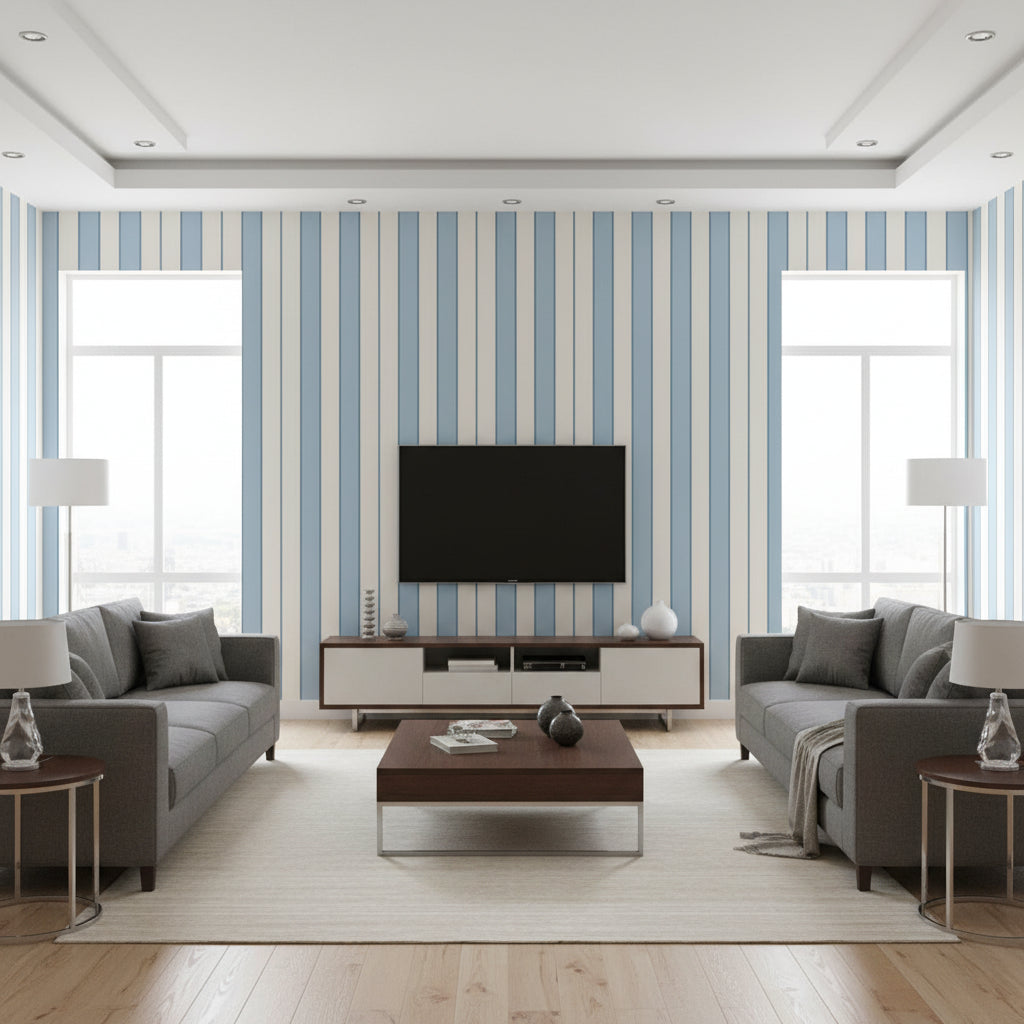 Orsin Boathouse Blue | Romo - Living Room Visualization (AI-generated, may not be to scale. Verify pattern scale with product specifications.)