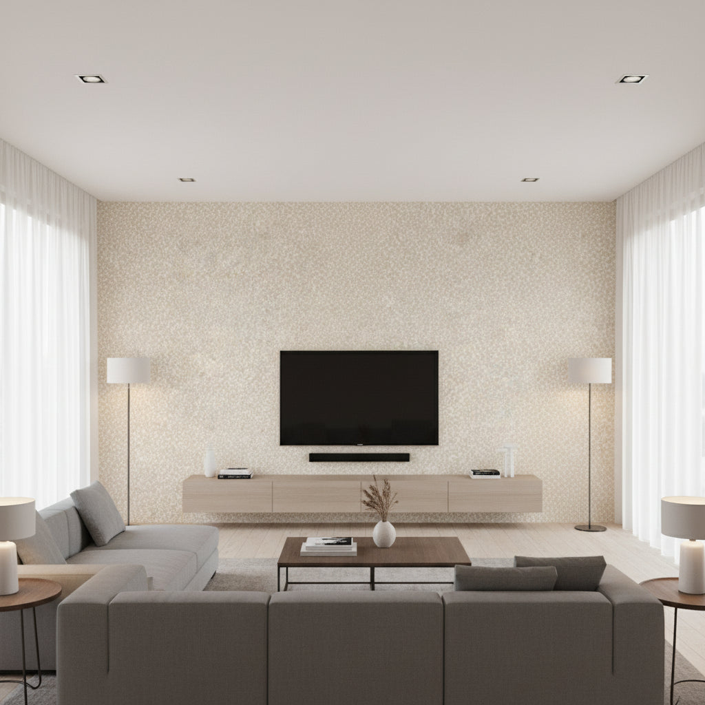 Junie beige | Romo - Living Room Visualization (AI-generated, may not be to scale. Verify pattern scale with product specifications.)