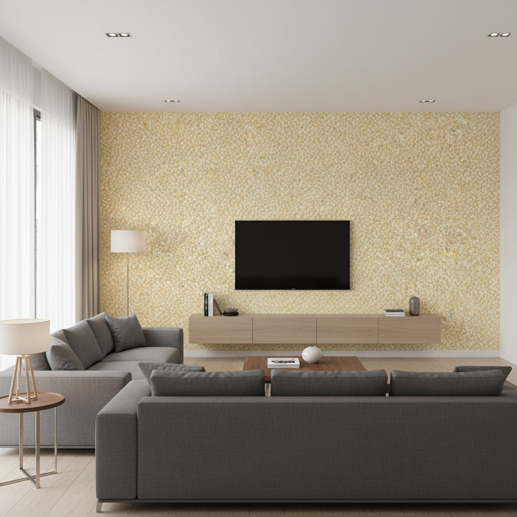 Junie gold | Romo - Living Room Visualization (AI-generated, may not be to scale. Verify pattern scale with product specifications.)