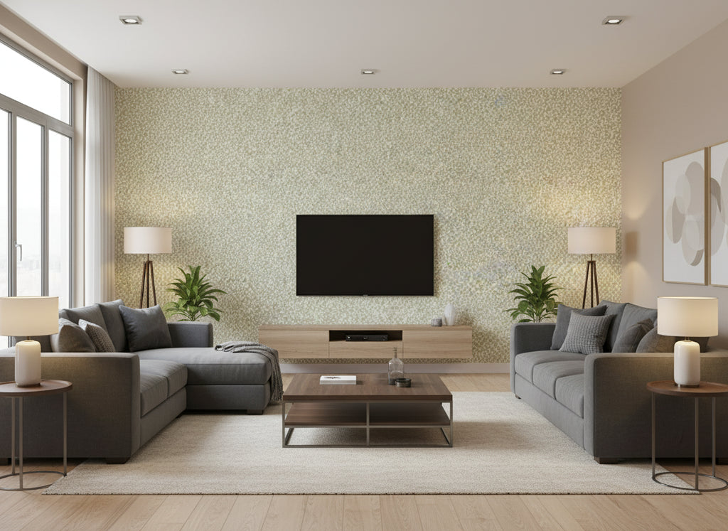 Junie Aloe | Romo - Living Room Visualization (AI-generated, may not be to scale. Verify pattern scale with product specifications.)