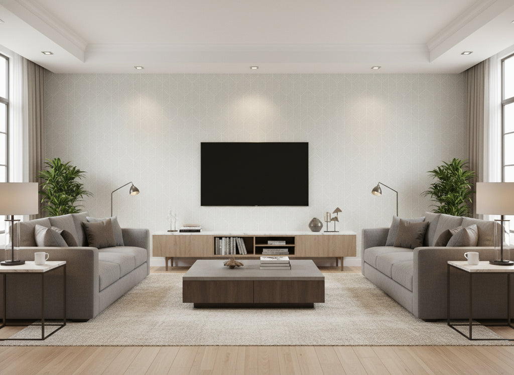 Remi Eau de pale green | Romo - Living Room Visualization (AI-generated, may not be to scale. Verify pattern scale with product specifications.)