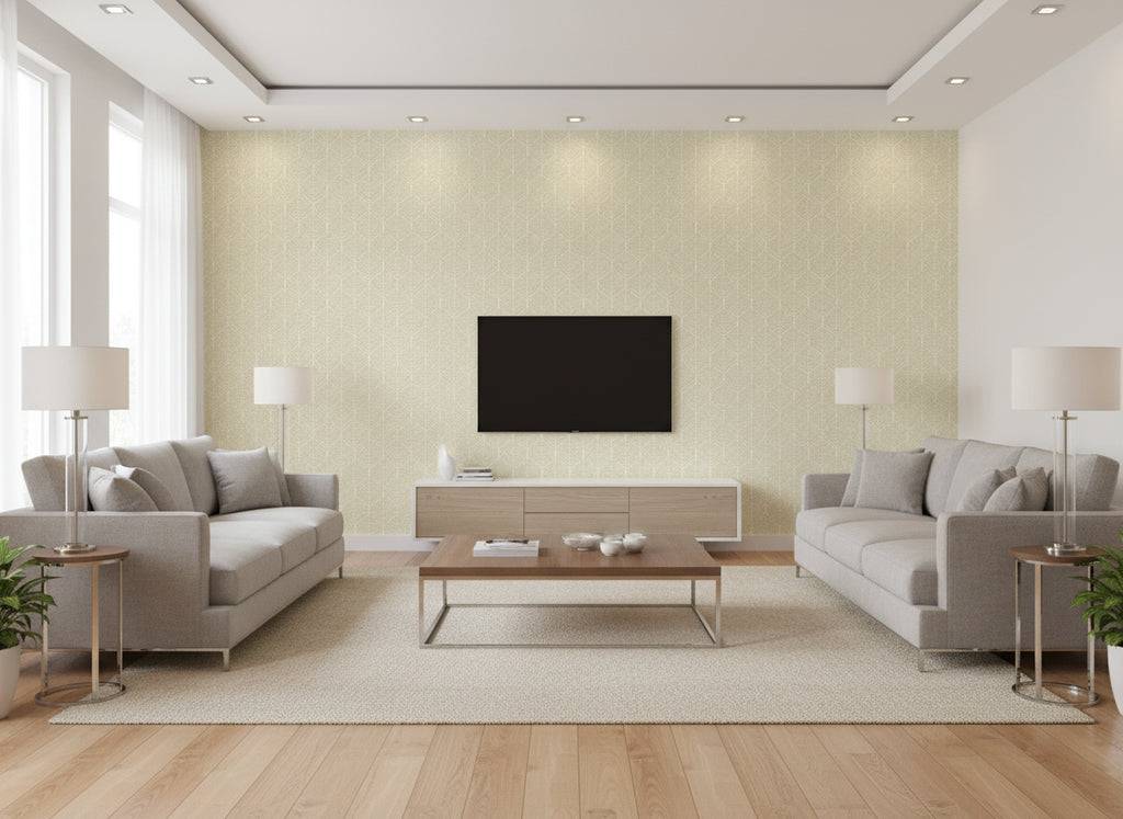 Remi beige | Romo - Living Room Visualization (AI-generated, may not be to scale. Verify pattern scale with product specifications.)