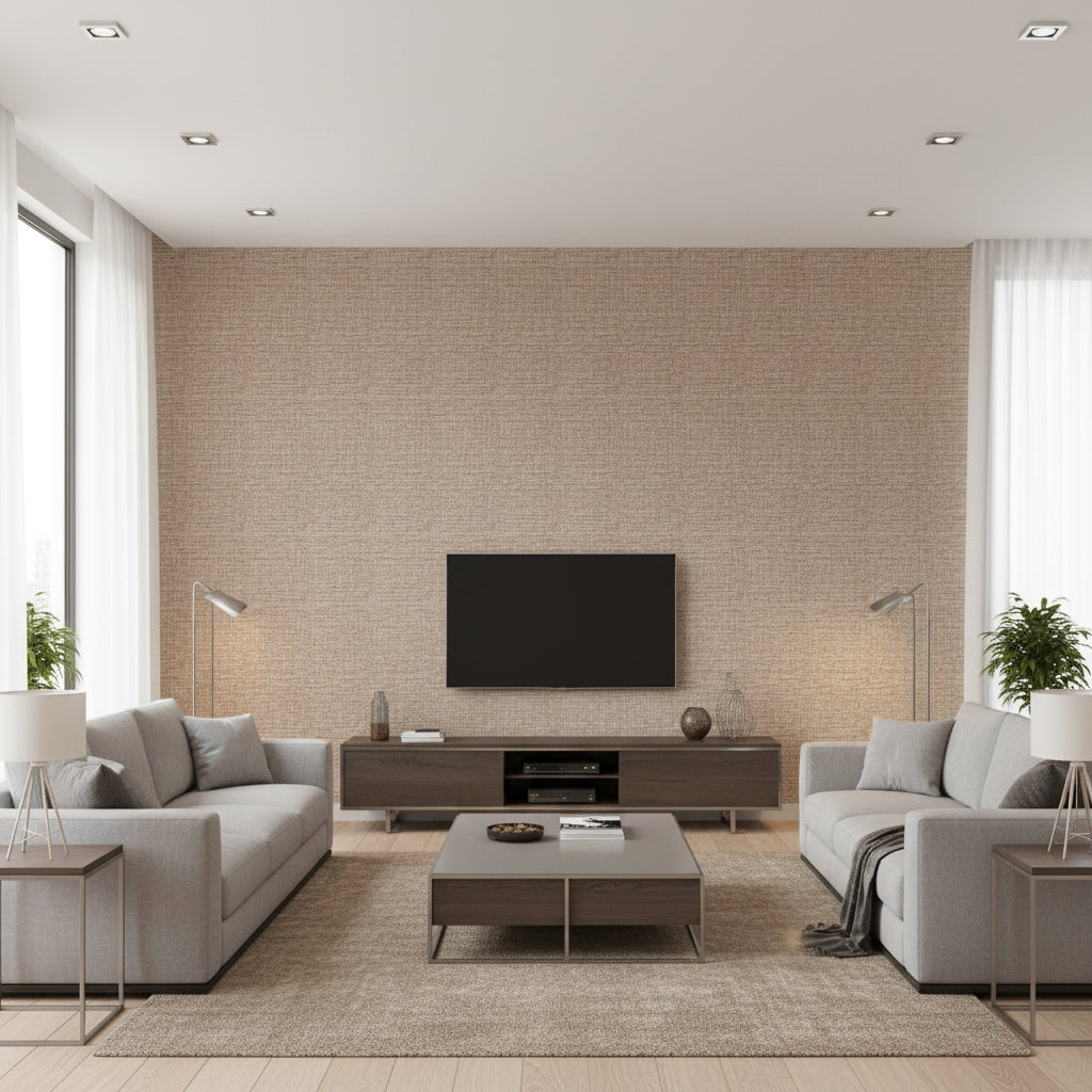 Tali Coffee Bean | Romo - Living Room Visualization (AI-generated, may not be to scale. Verify pattern scale with product specifications.)
