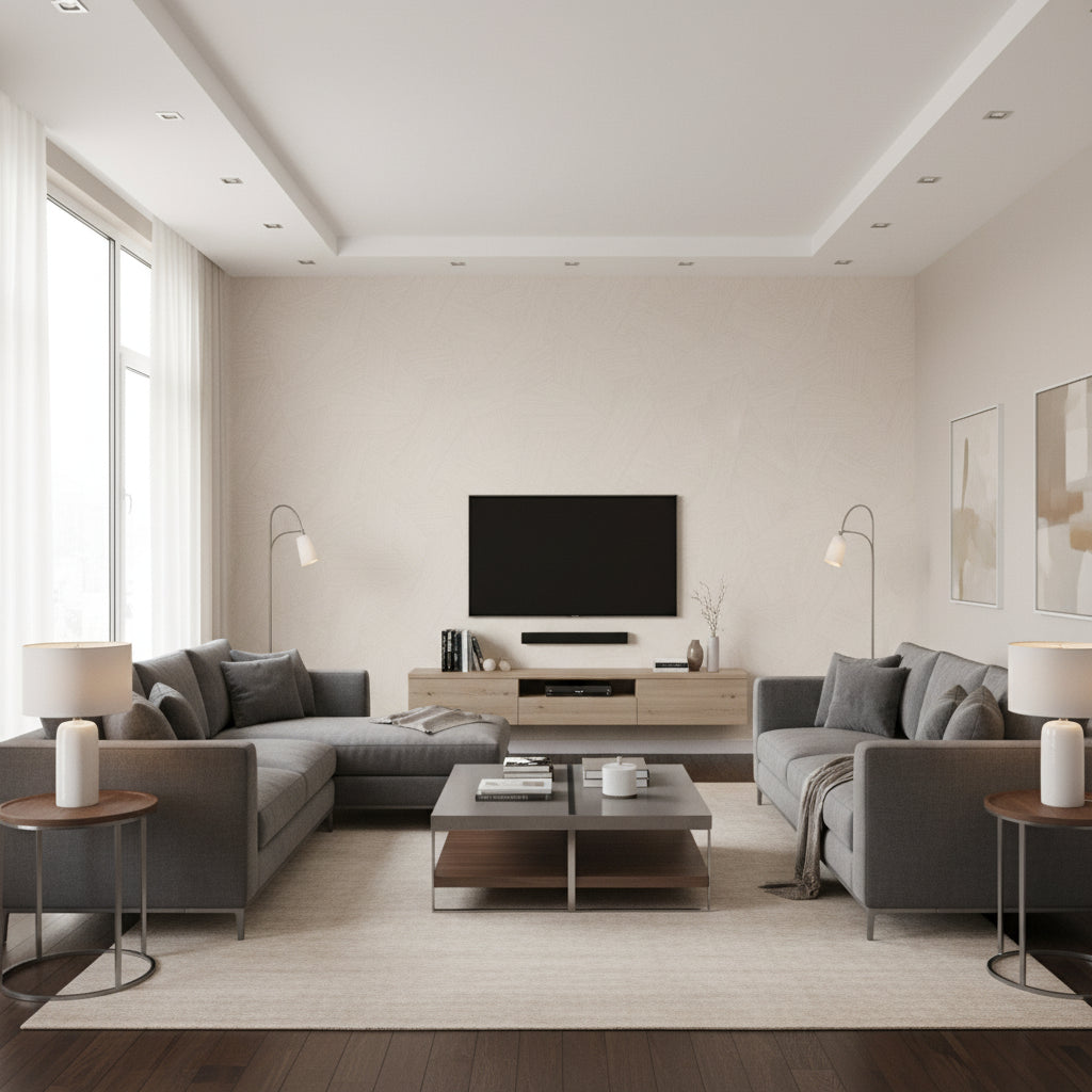 Zenya Chalk | Romo - Living Room Visualization (AI-generated, may not be to scale. Verify pattern scale with product specifications.)