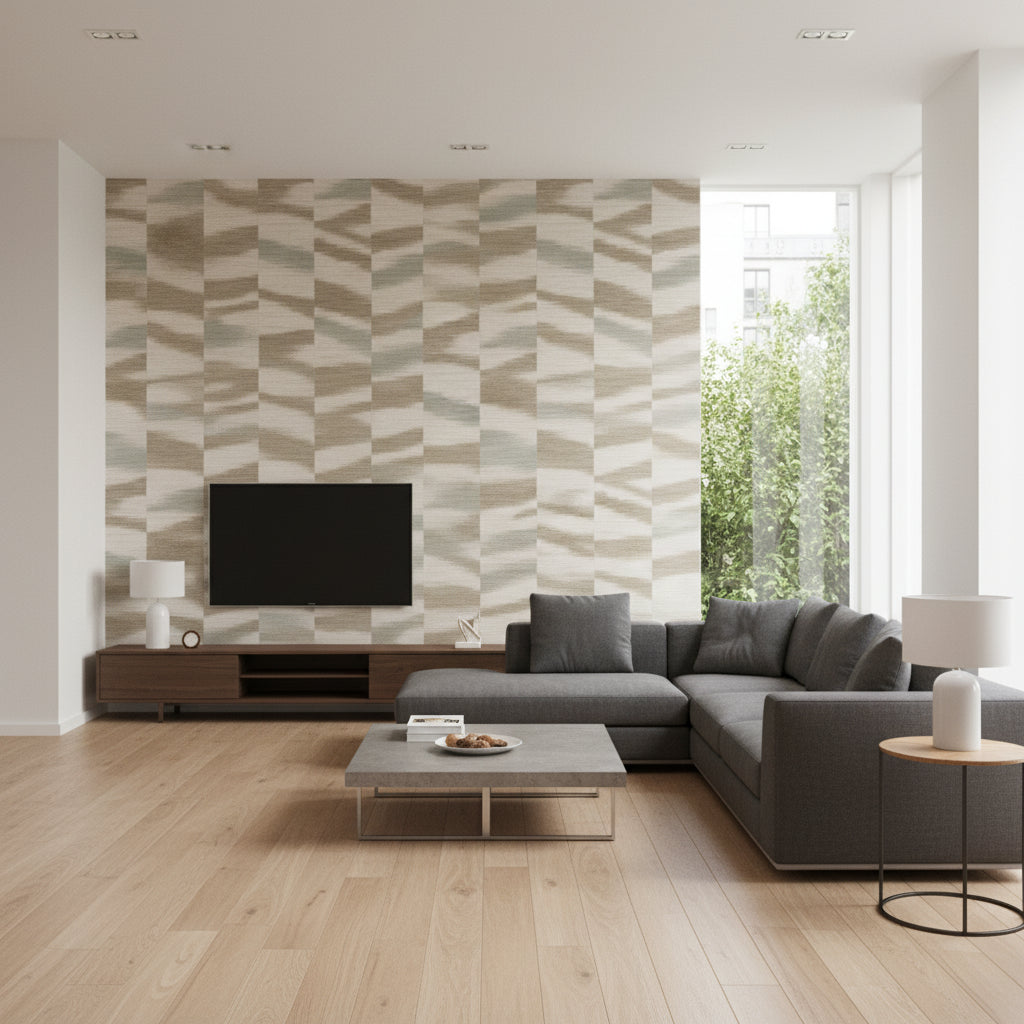 Manzu Caper | Romo - Living Room Visualization (AI-generated, may not be to scale. Verify pattern scale with product specifications.)