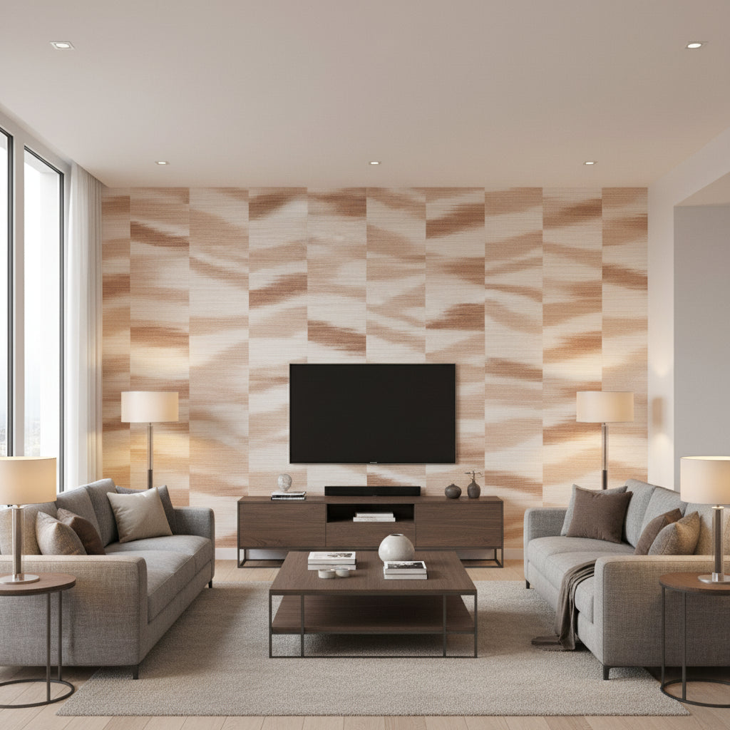 Manzu Tuscan Pink | Romo - Living Room Visualization (AI-generated, may not be to scale. Verify pattern scale with product specifications.)