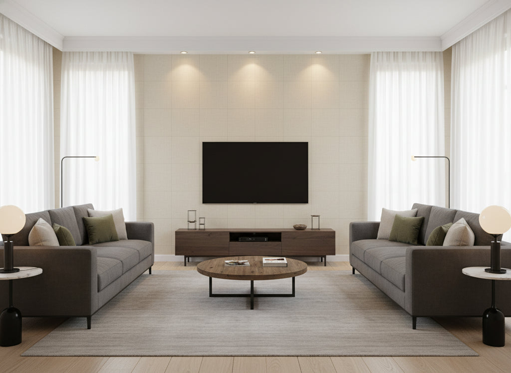 Malmo Jasmine | Romo - Living Room Visualization (AI-generated, may not be to scale. Verify pattern scale with product specifications.)