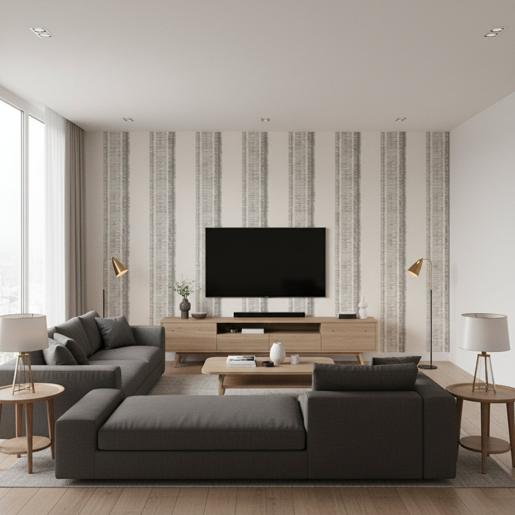 Xander Birch | Romo - Living Room Visualization (AI-generated, may not be to scale. Verify pattern scale with product specifications.)