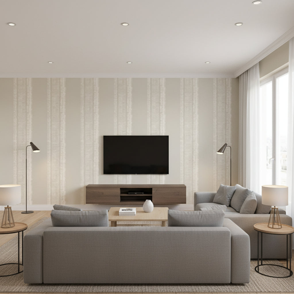 Xander Cement | Romo - Living Room Visualization (AI-generated, may not be to scale. Verify pattern scale with product specifications.)