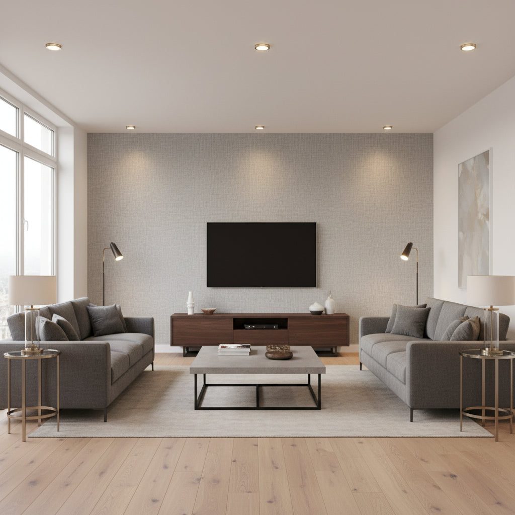 Malmo Carbon | Romo - Living Room Visualization (AI-generated, may not be to scale. Verify pattern scale with product specifications.)