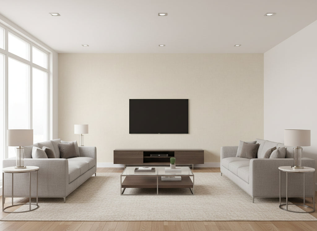 Malmo cream | Romo - Living Room Visualization (AI-generated, may not be to scale. Verify pattern scale with product specifications.)