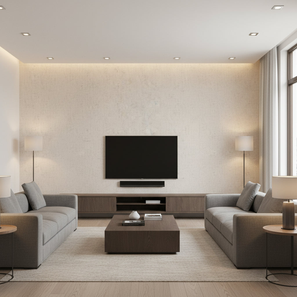 Malmo Malt | Romo - Living Room Visualization (AI-generated, may not be to scale. Verify pattern scale with product specifications.)