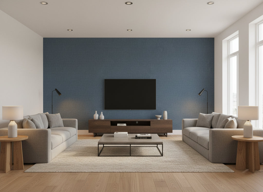 Malmo Indigo | Romo - Living Room Visualization (AI-generated, may not be to scale. Verify pattern scale with product specifications.)